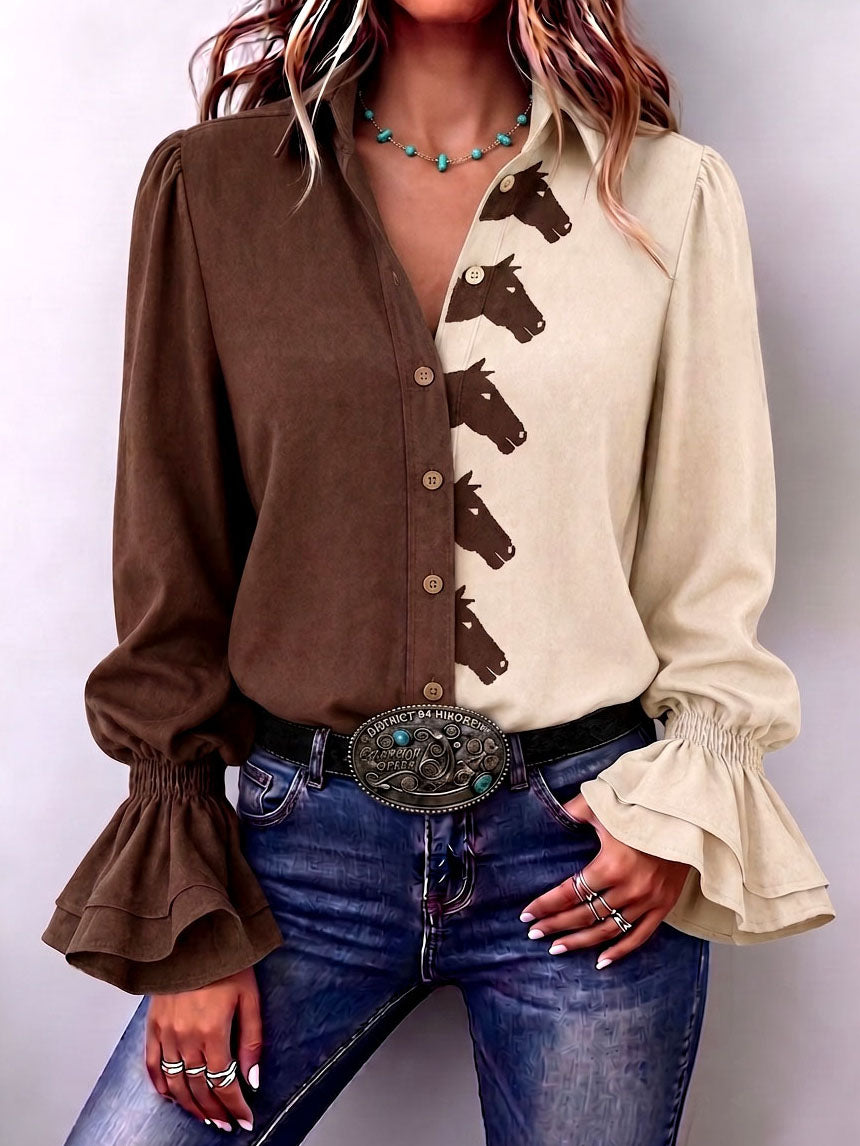Western-chic Horse Prints Colorblock Shirt