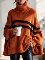 Cozy Chic Orange Turtleneck Striped Oversized Top