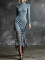 Elegant Ribbed Knit Midi Dress With Lace Paneling And High Neck