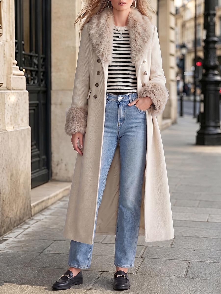 Women's Solid-color Faux Mink Fur Lapel Long-sleeve Loose Casual Dress/long Coat