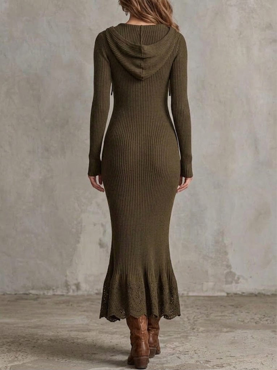 Ribbed Lace-knit Maxi Dress With Hood, Lace-up Detail, And V-neck
