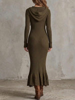 Ribbed Lace-knit Maxi Dress With Hood, Lace-up Detail, And V-neck