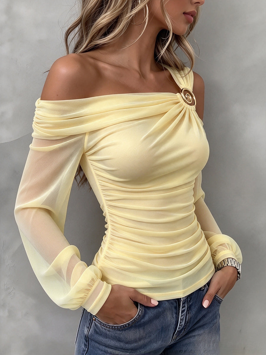 Radiant Pastel Yellow Ruched Mesh Blouse