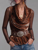 Women's Solid-color Cowl-neck Long-sleeve Casual Loose Velvet Top With Mesh Paneling