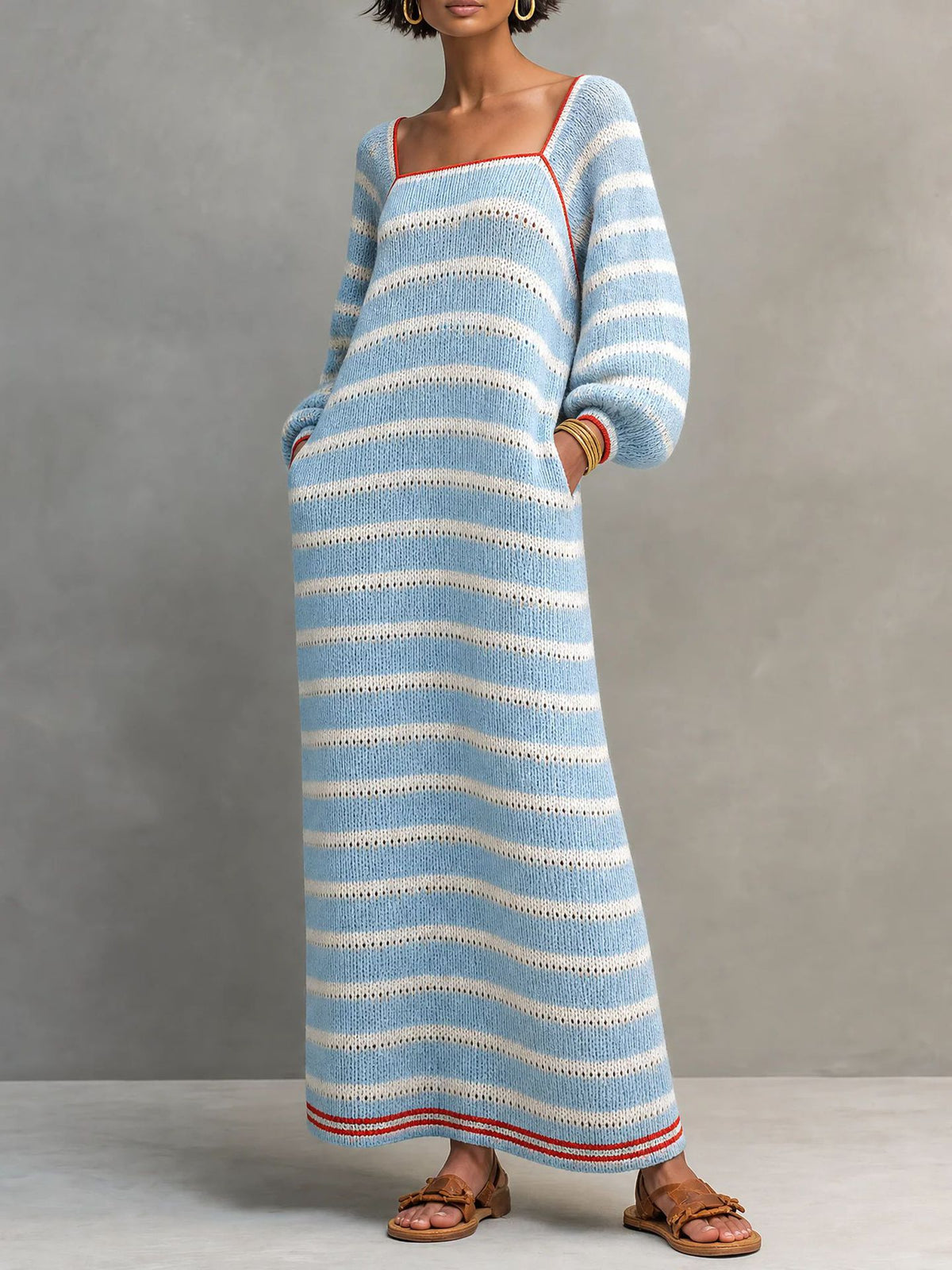 Chic Square-neck Striped Cut-out Knit Maxi Dress