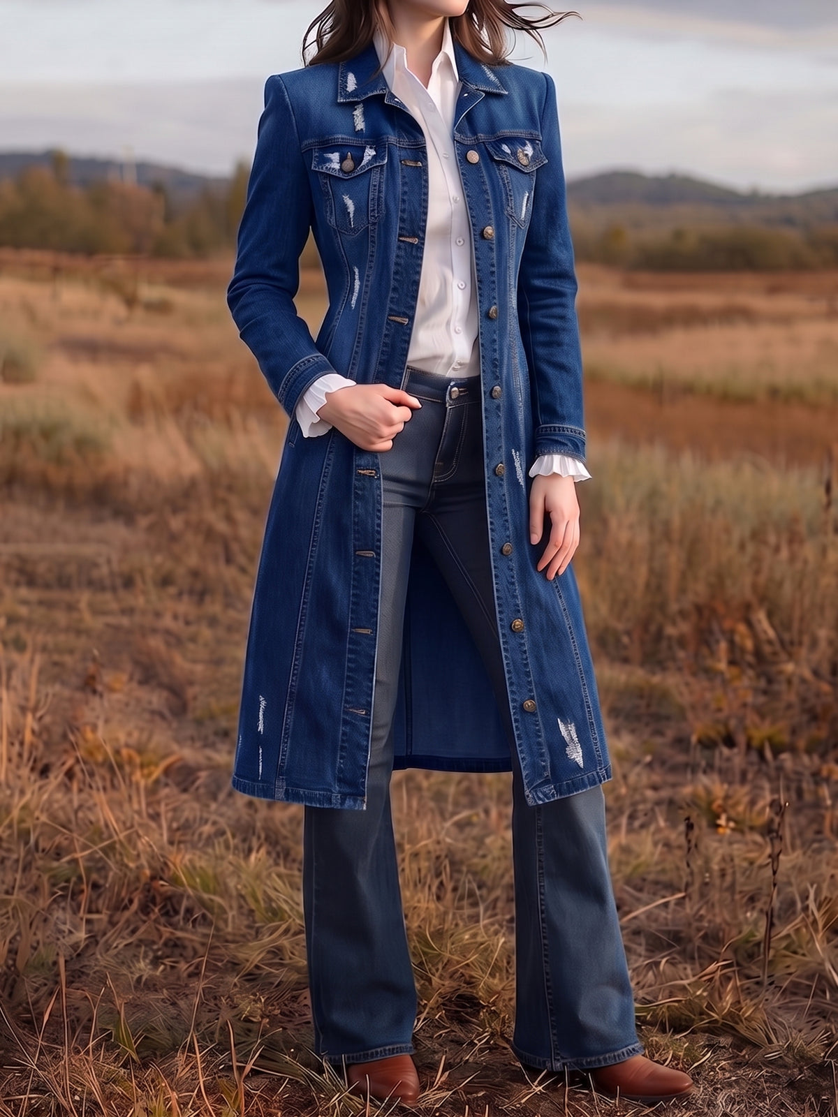 Western Distressed Longline Denim Coat