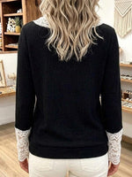 Elegant Black Waffle Knit Top With White Floral Lace Trim