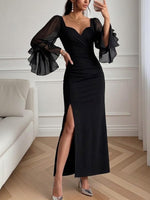 V-neck Mesh Ruffle Sleeve Slit Maxi Evening Dress