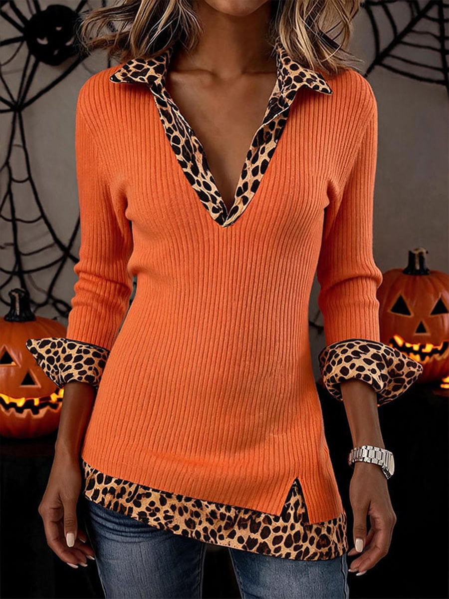 Vibrant Leopard-Accented Ribbed Knit Top