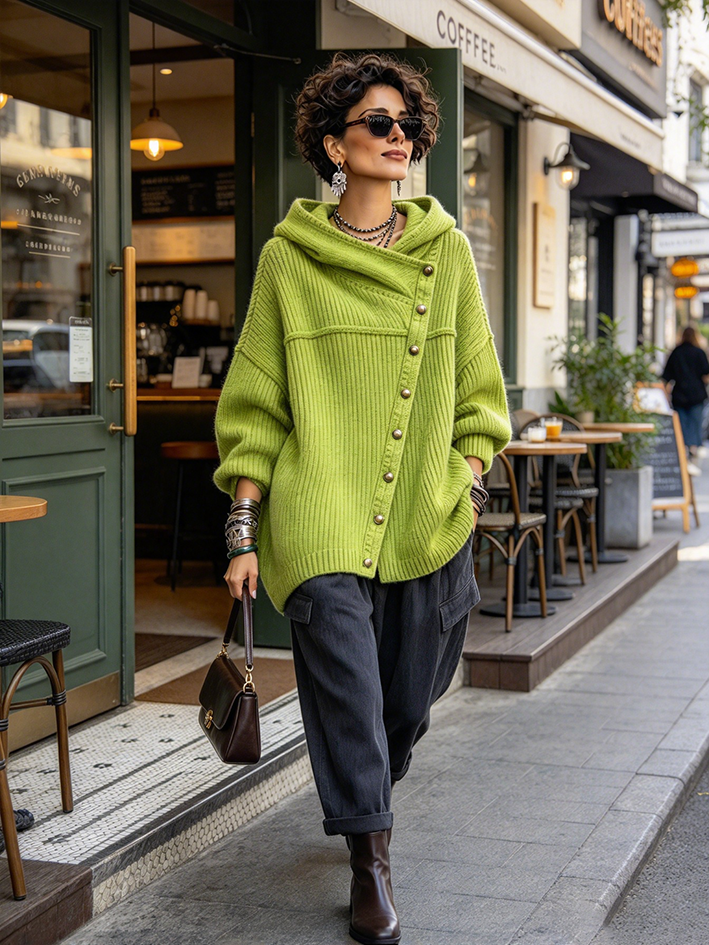 Chic Oversized Ribbed Asymmetrical Button Hooded Sweater