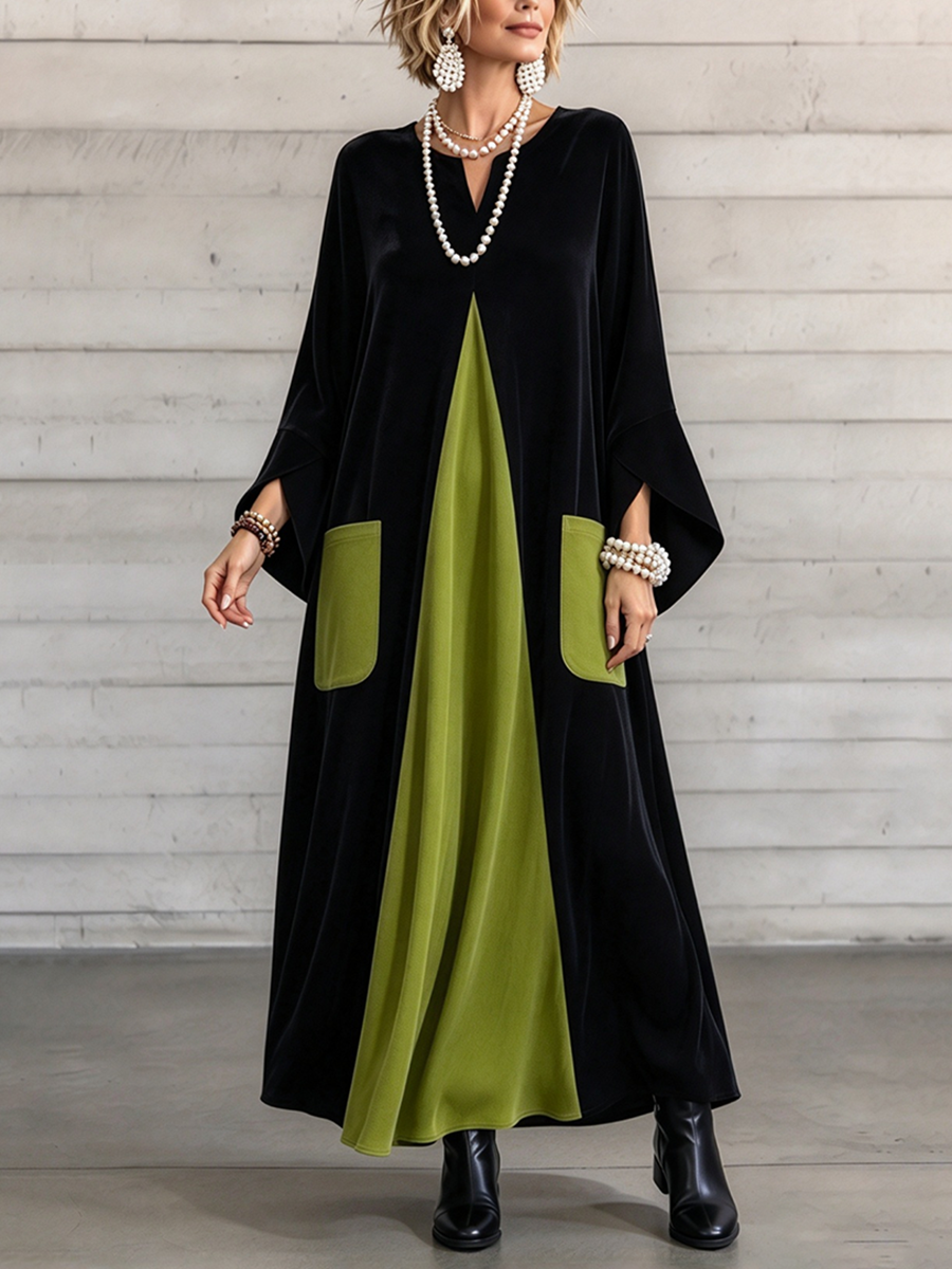 Elegant Artistic Cut Color-block Velvet Dress