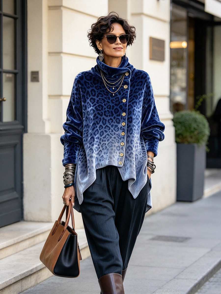 Chic Cozy Blue Leopard Velvet Asymmetric Tunic Top