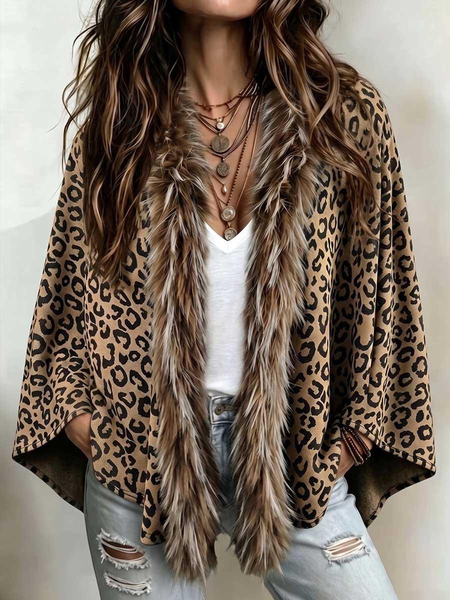 Women's Leopard Print Cardigan With Faux Mink Fur Collar – Long-sleeve, Loose-fit Casual Cape Top