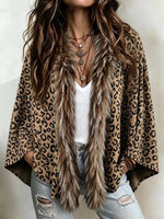 Women's Leopard Print Cardigan With Faux Mink Fur Collar – Long-sleeve, Loose-fit Casual Cape Top