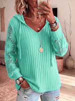 Solid-color Hooded Long-sleeve Lace-knit Top With Cut-out Details