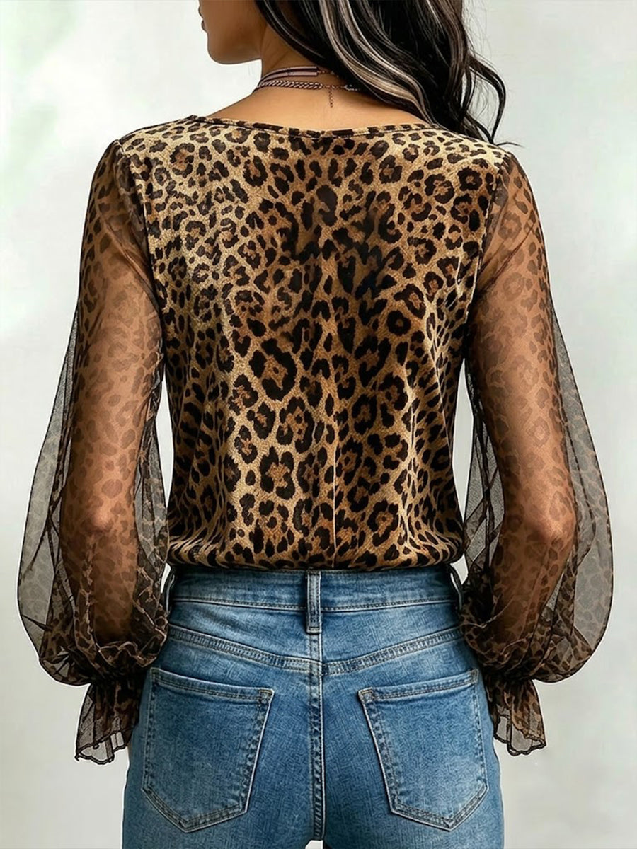 Stylish Leopard-print Velvet Top With Leopard-print Chiffon Sleeves.