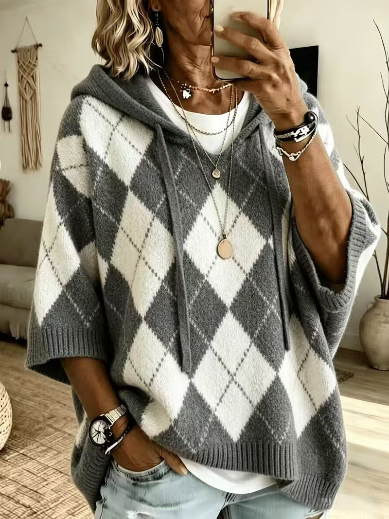 Checked-print Casual Hooded Knit Drawstring Sweatshirt