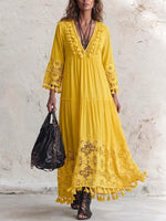 Bohemian Long Lace Dress With Cutouts And Tassels