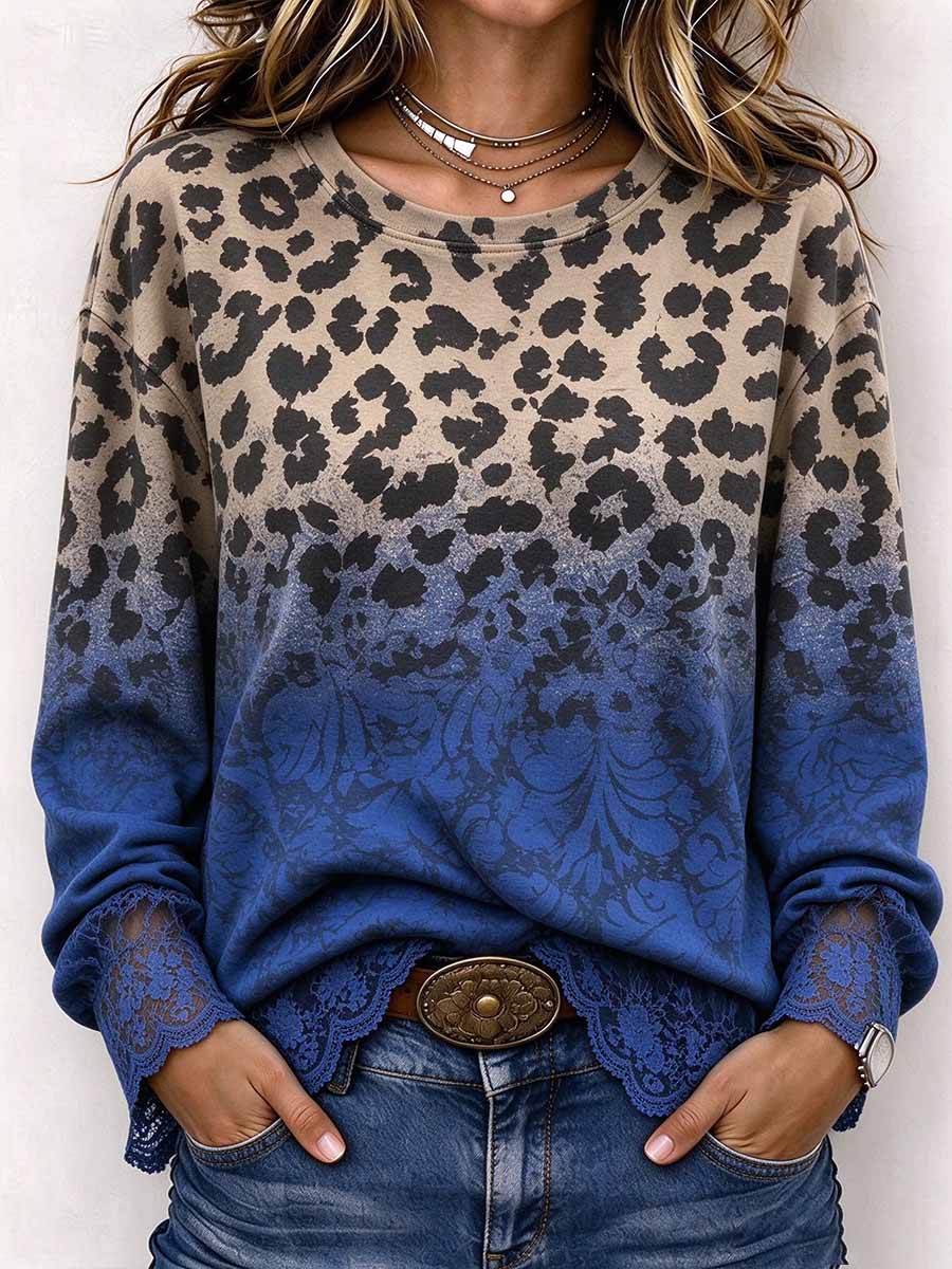 Women's Ombre Leopard Print Crewneck Sweatshirt With Lace Trim