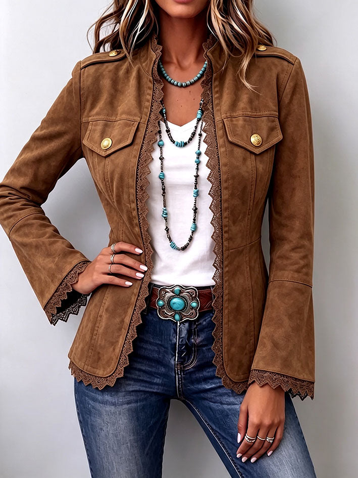Chic Vintage Suede Lace-trim Casual Western Jacket