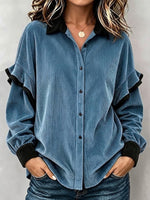 Color Contrast Collar Ruffle Corduroy Shirt Jacket