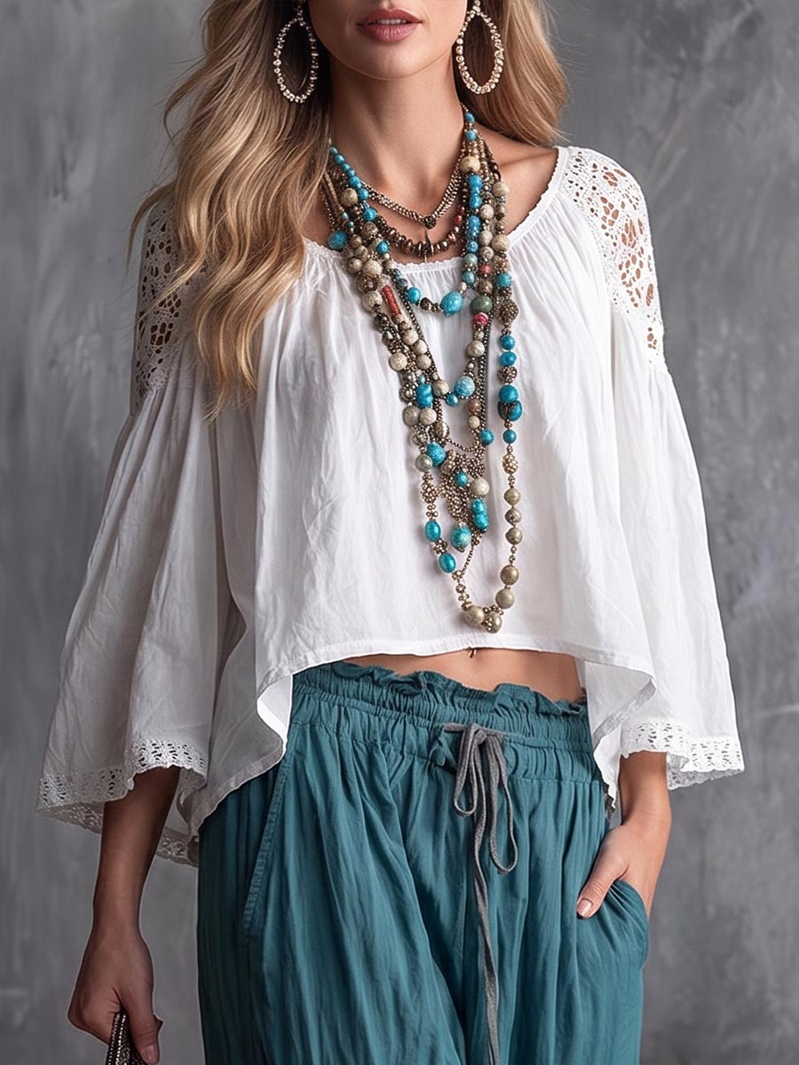 Women's Solid Color Round Neck 3/4 Sleeve Casual Loose Hollowed-out Lace Patchwork Cotton And Linen Top