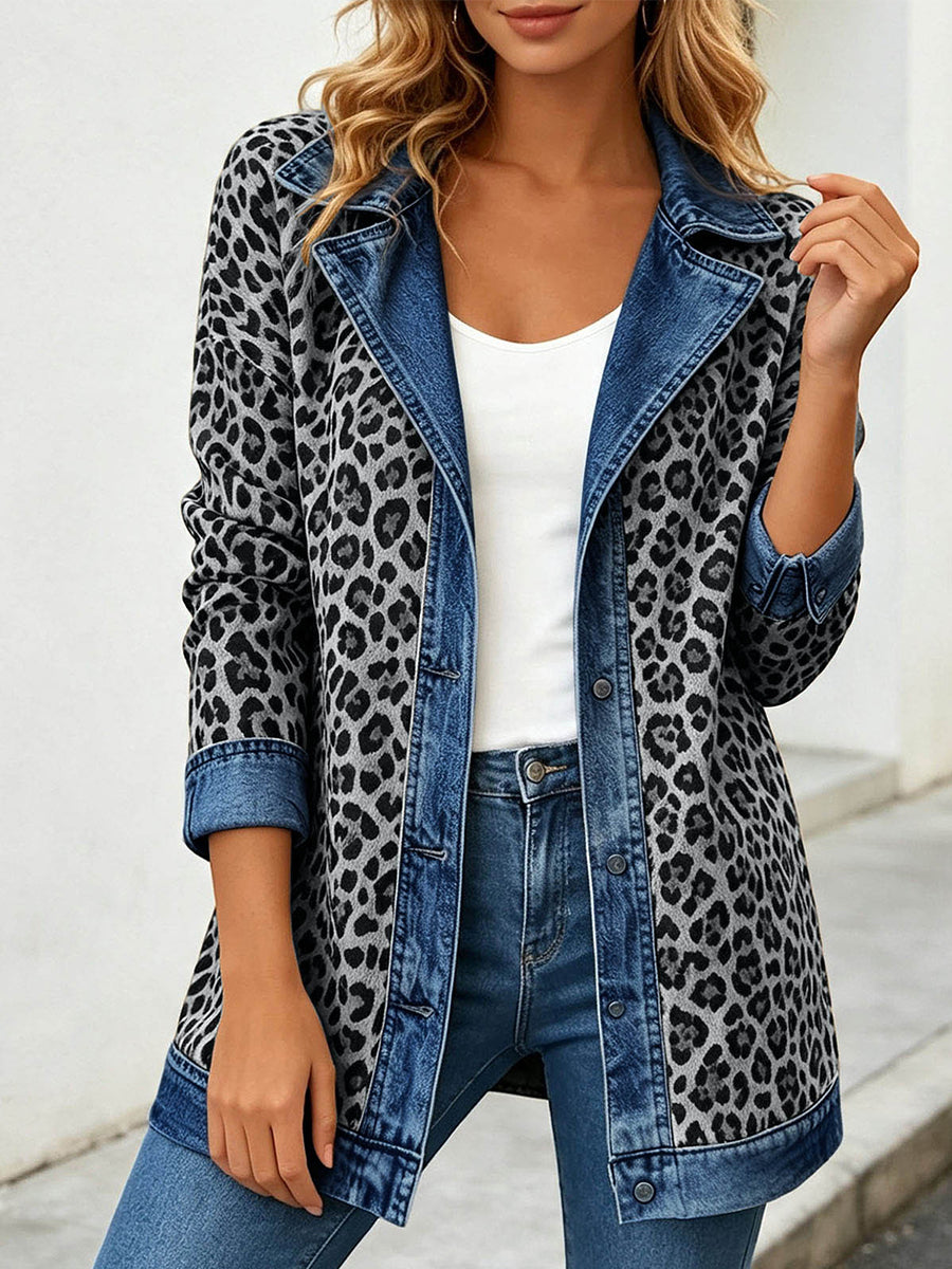 Chic Leopard Print and Denim Patchwork Jacket