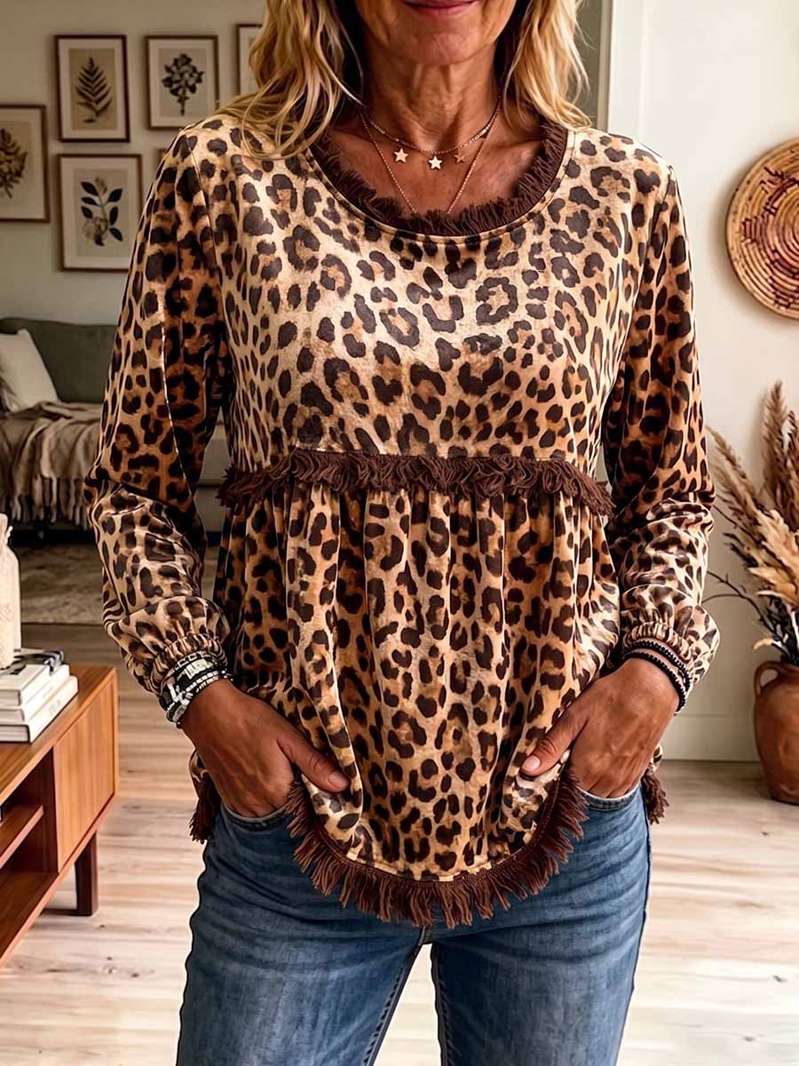 Women's Leopard Print Crew Neck Long Sleeve Casual Loose Velvet Top