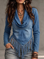 Women's Denim Cowl Neck Fringed Asymmetrical Blouse