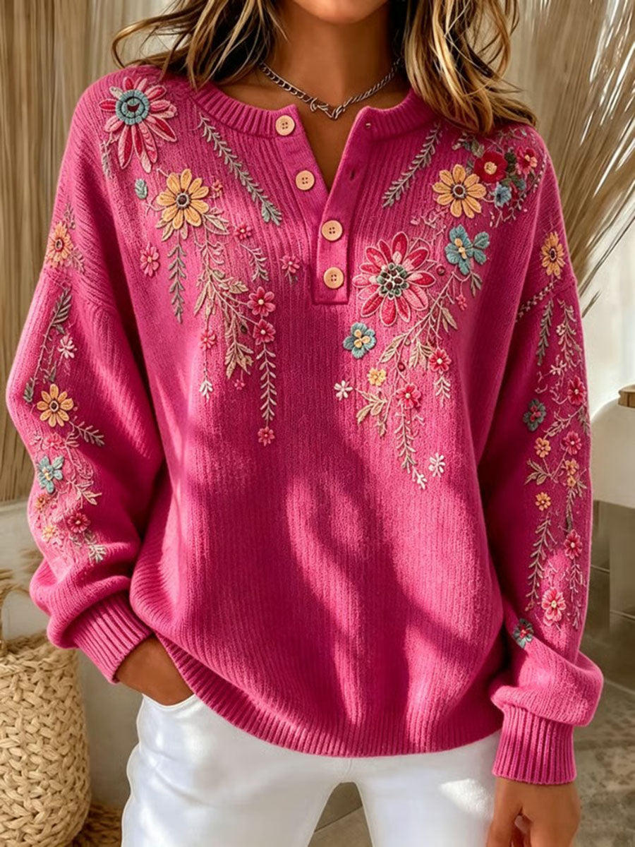 Vintage Floral Henley Knit Sweater Top