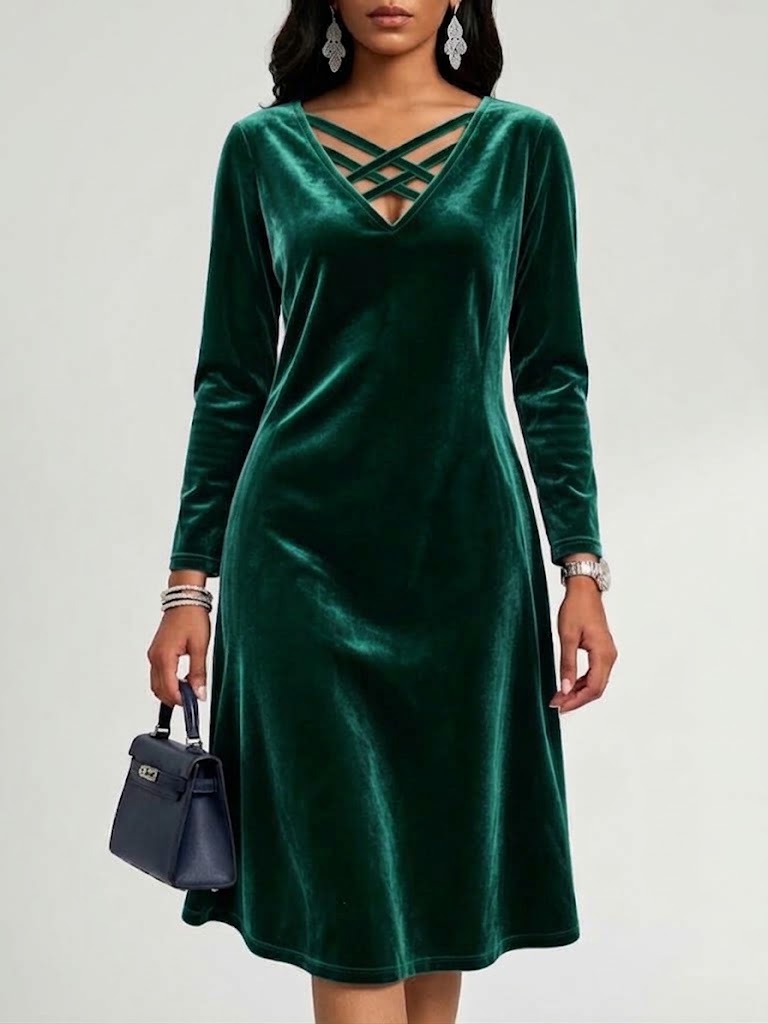 V-neck Crisscross Strap Velvet Long Sleeve Dress