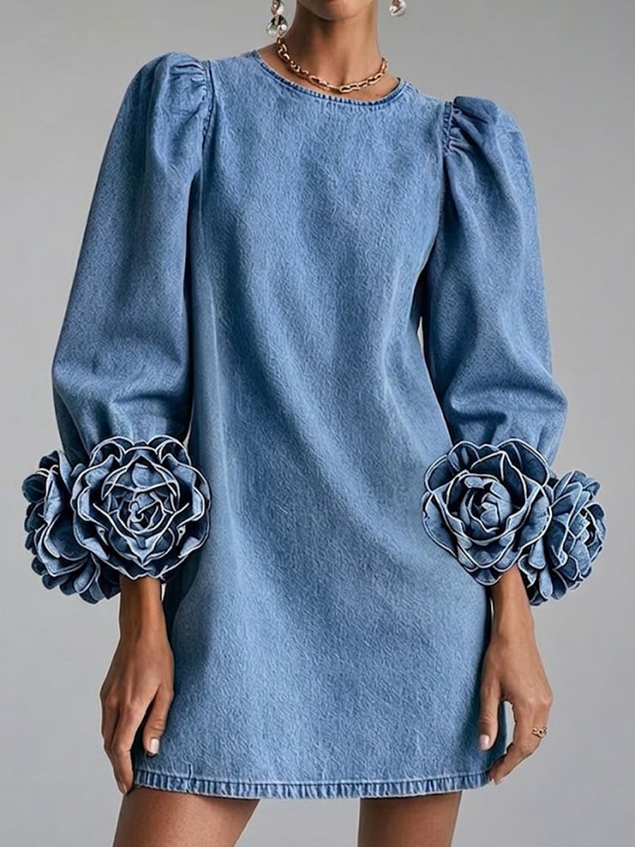 Stylish Denim Dress With 3d Floral Cuffs