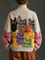 Chic High-neck Knit Top With Cat Graphic Print