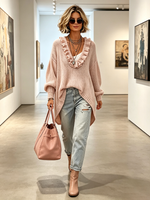 Elegant Ruffled Neckline High-low Curved Hem Pink Sweater
