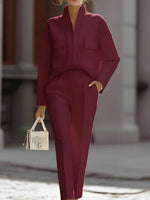 Women's Solid Color Stand Collar Long Sleeve Casual Loose Top And High Waist Casual Straight Leg Pants Cotton Linen Set