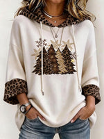 Women's Christmas Tree Graphic Hoodie With Leopard Print Contrasts
