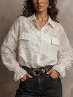 Chic, Sun-protective Shirt Featuring 3d Floral Cut-out Detailing—perfect For Work Or Commuting