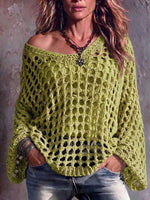 Women's Solid Color V-neck Long-sleeved Casual Loose-fitting Openwork Knit Pullover