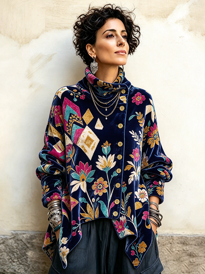 Vintage Floral And Geometric Asymmetrical Turtleneck Top
