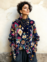 Vintage Floral And Geometric Asymmetrical Turtleneck Top