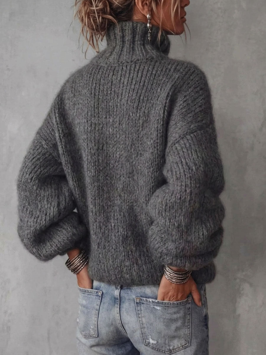 Women's Solid Color High-neck Long-sleeve Casual Loose Knit Pullover