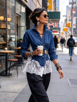 Chic Tencel Denim & Lace Wrap-Front Shirt
