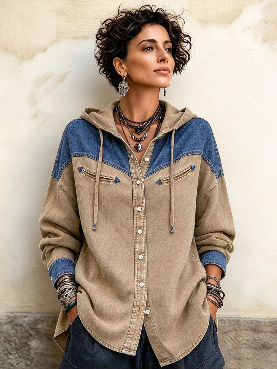 Casual Chic Colorblock Hooded Denim Jacket