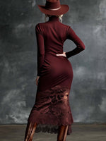 Elegant Ribbed Knit Midi Dress With Lace Paneling And High Neck