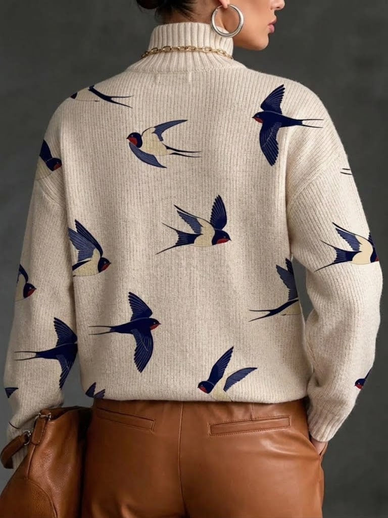 Cozy Ribbed Knit Turtleneck With Swallow Print