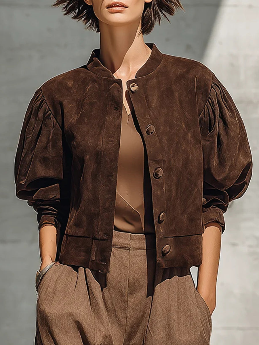 Chic Faux Suede Cropped Jacket With Puff Sleeves