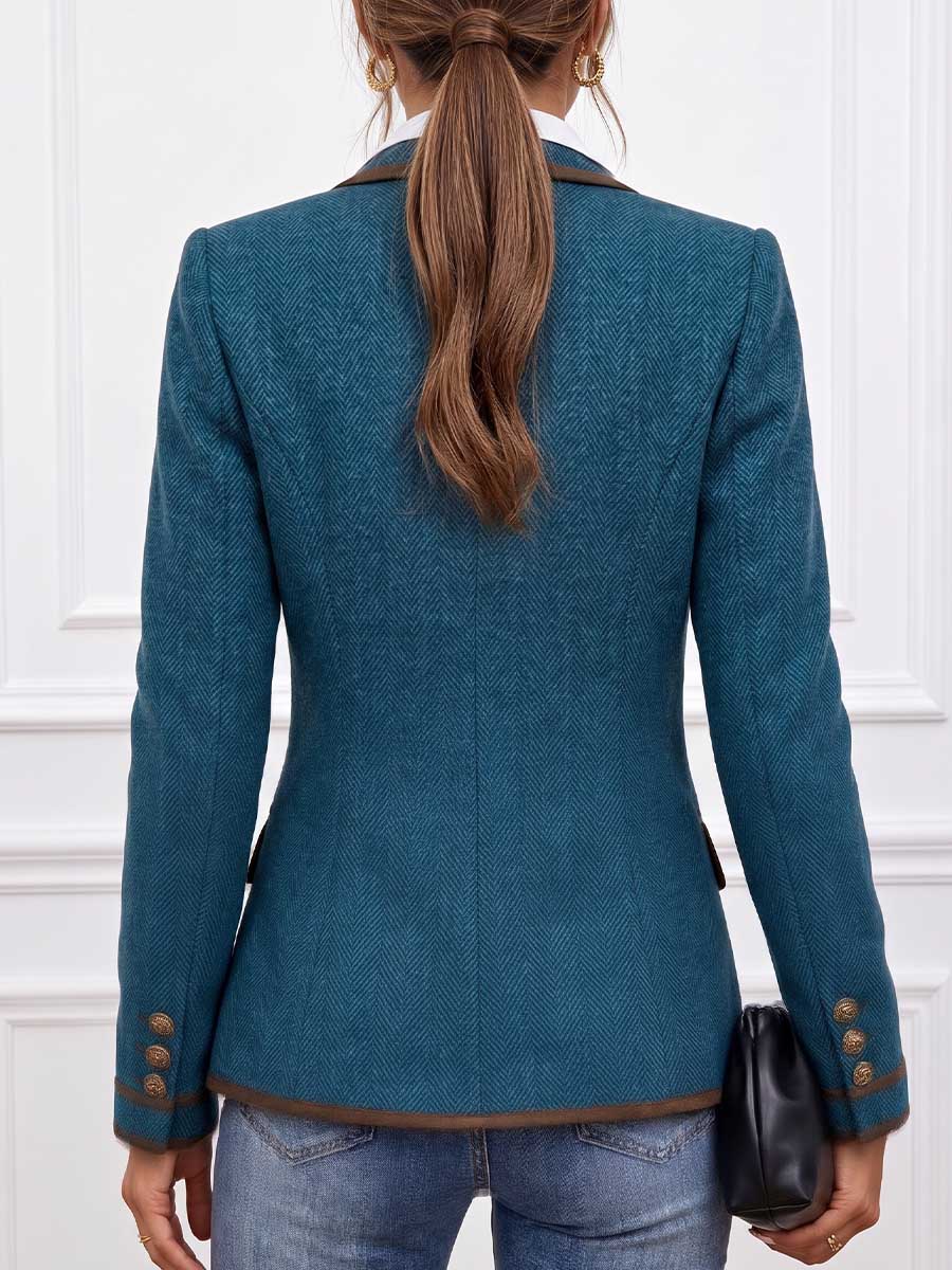 Women's Collared Long-sleeved Casual Loose Color-blocked Herringbone Coat