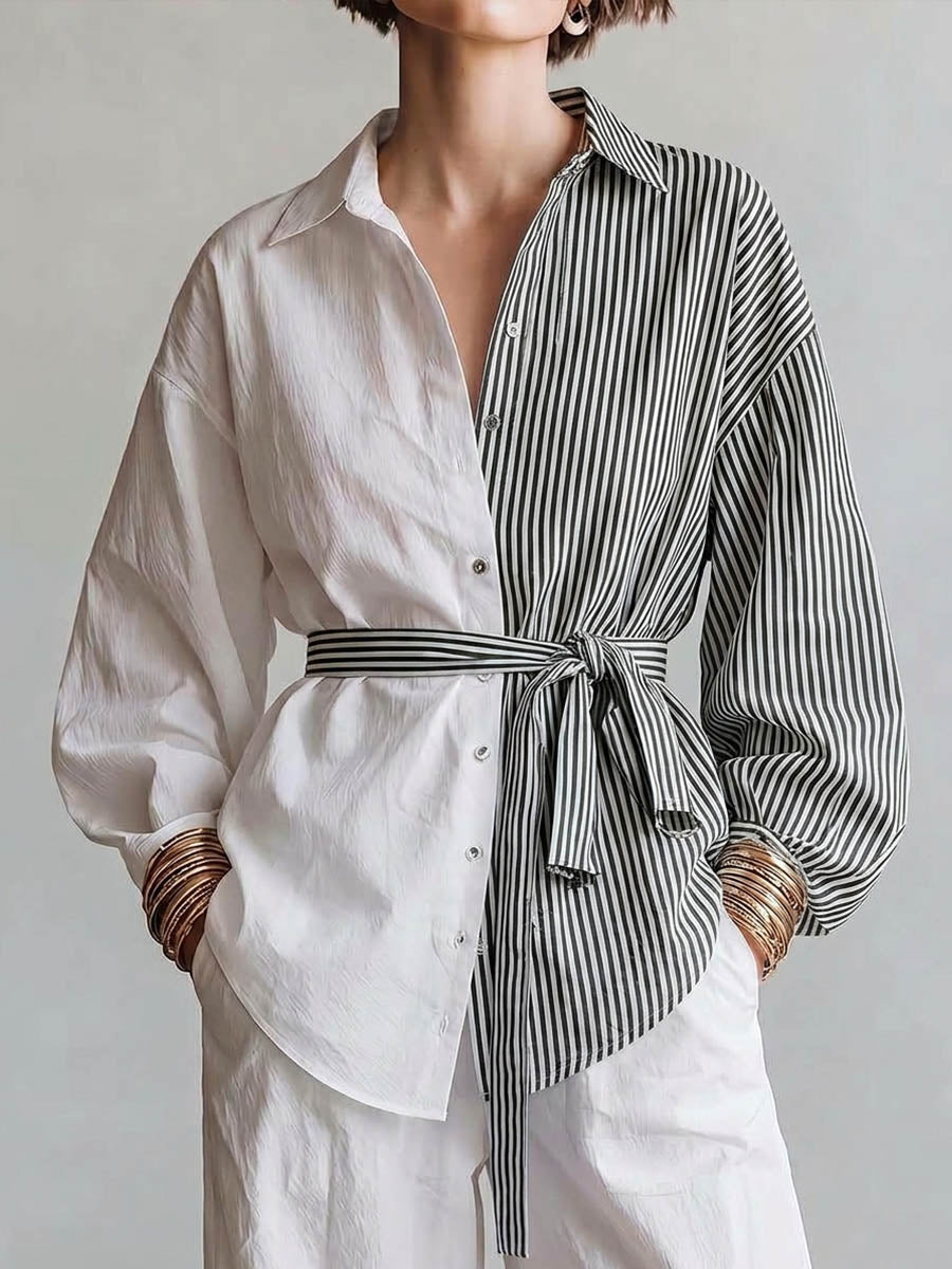 Women's Color-block Striped Print Shirt – Long-sleeve Relaxed Fit Lapel Collar, And Self-tie Waist