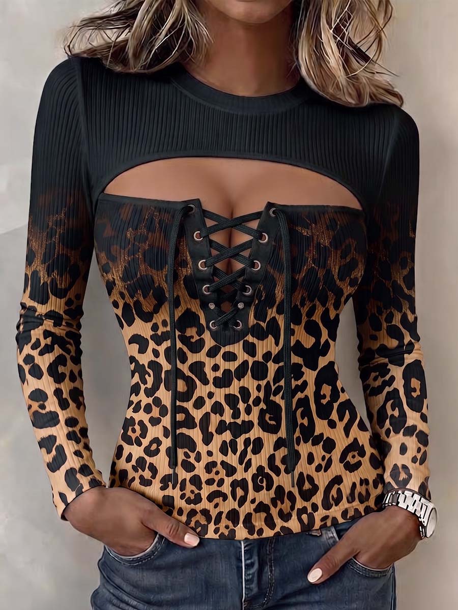 Women's Gradient Leopard Print Cut-out Crew Neck Lace-up Long-sleeve Slim-fit Casual Top