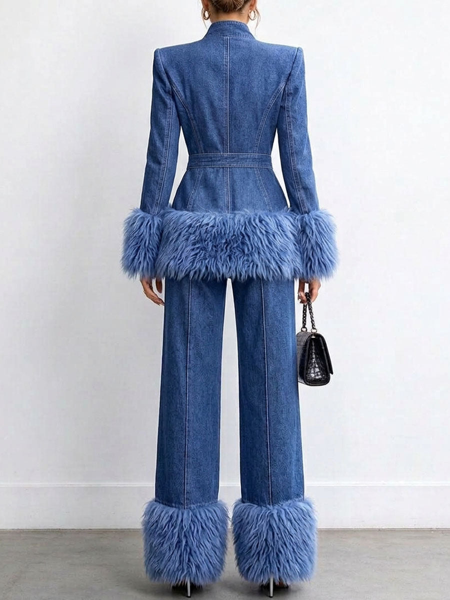 Women's Tailored Denim Jacket with Faux Fur Trim